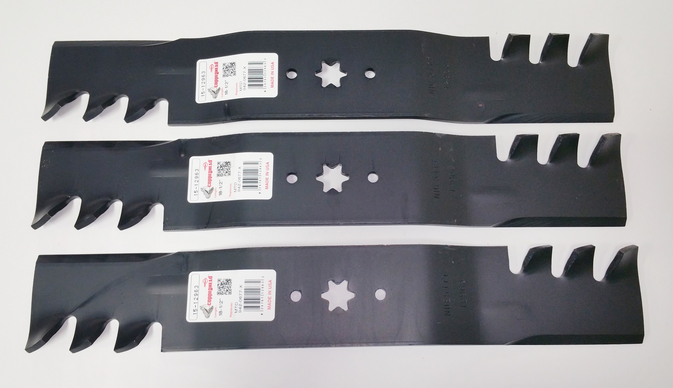 Set of 3 Blades for MTD, Cub Cadet 490-110-M117, 742-0677, 742-0677A, 742-0677B, 942-0677, 942-0677A, 942-0677B